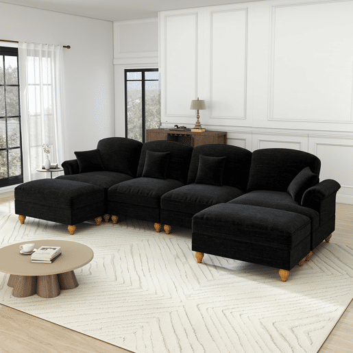 Sofá modular U 4 lugares - Chenille, braços cónicos, saia removível, pufes móveis - Preto