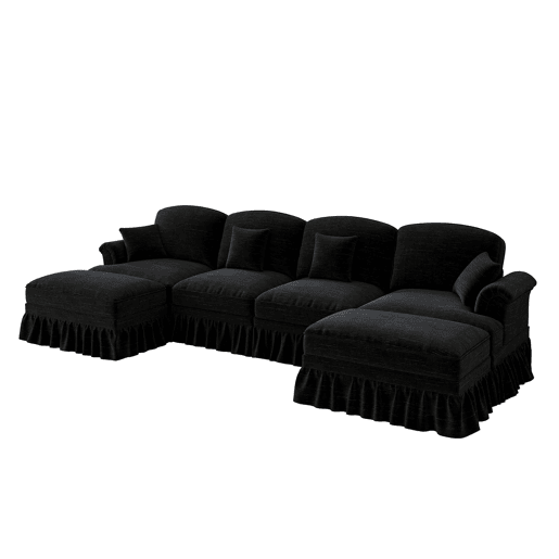 Sofá modular U 4 lugares - Chenille, braços cónicos, saia removível, pufes móveis - Preto