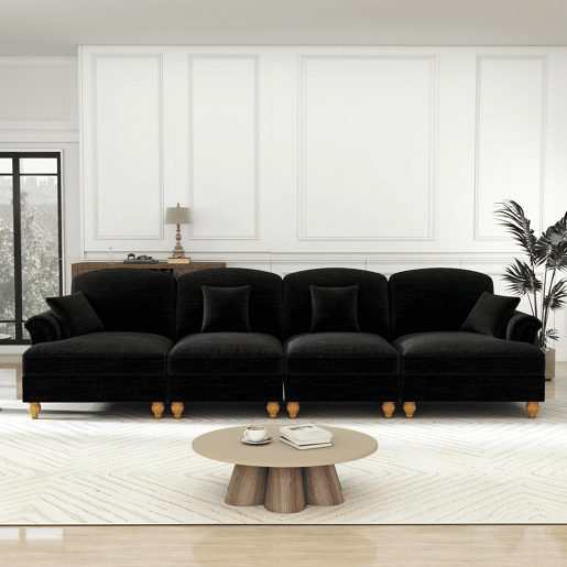 Sofá de 4 lugares - estilo mid-century em chenille, braços em forma de funil - preto