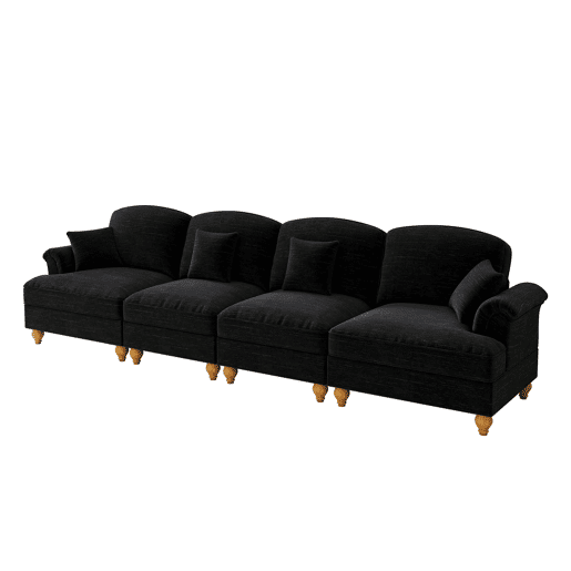 Sofá de 4 lugares - estilo mid-century em chenille, braços em forma de funil - preto