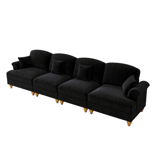 Sofá de 4 lugares - estilo mid-century em chenille, braços em forma de funil - preto
