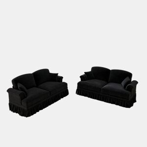 Sofá modular L 4 lugares - Chenille, braços cónicos, saia removível, pés torneados, apoio para os pés - Preto