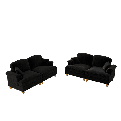 Sofá modular L 4 lugares - Chenille, braços cónicos, saia removível, pés torneados, apoio para os pés - Preto