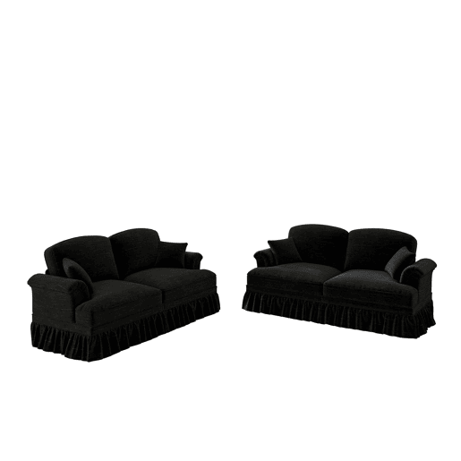 Sofá modular L 4 lugares - Chenille, braços cónicos, saia removível, pés torneados, apoio para os pés - Preto