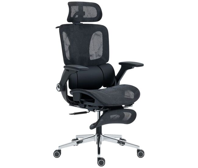 Homcom silla de escritorio ergonómica con reposapiés, silla de oficina giratoria, con respaldo reclinable y alto, soporte lumbar y reposacabezas ajustable, malla transpirable, reposabrazos 4d, ruedas
