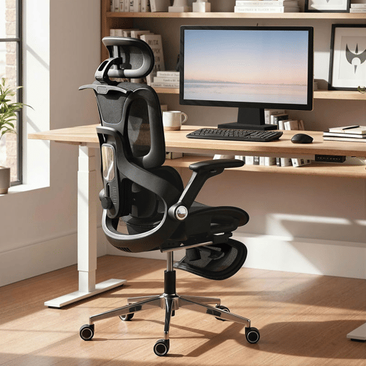 HOMCOM Cadeira de Secretária Ergonómica com Descanso para Pés Cadeira de Escritório Giratória com Encosto Reclinável e Alto Suporte Lombar Rede Transpirável Apoios de Braço 4D e Encosto de Cabeça Ajustável Rodas