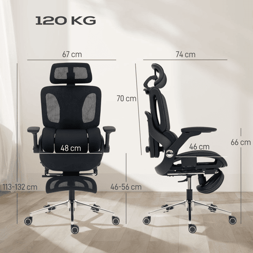 HOMCOM Cadeira de Secretária Ergonómica com Descanso para Pés Cadeira de Escritório Giratória com Encosto Reclinável e Alto Suporte Lombar Rede Transpirável Apoios de Braço 4D e Encosto de Cabeça Ajustável Rodas