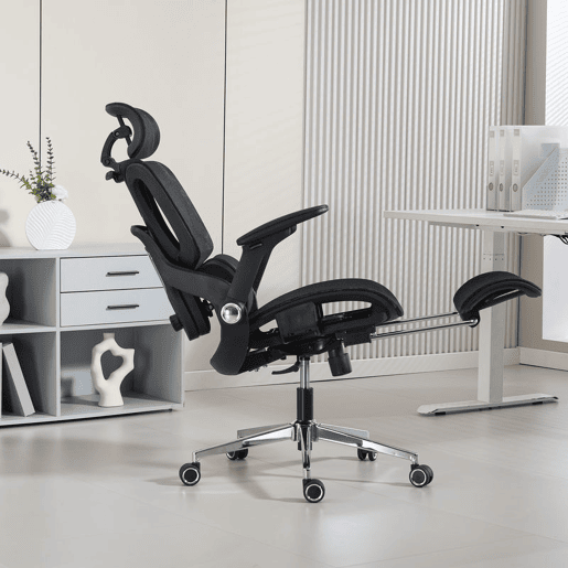 HOMCOM Cadeira de Secretária Ergonómica com Descanso para Pés Cadeira de Escritório Giratória com Encosto Reclinável e Alto Suporte Lombar Rede Transpirável Apoios de Braço 4D e Encosto de Cabeça Ajustável Rodas