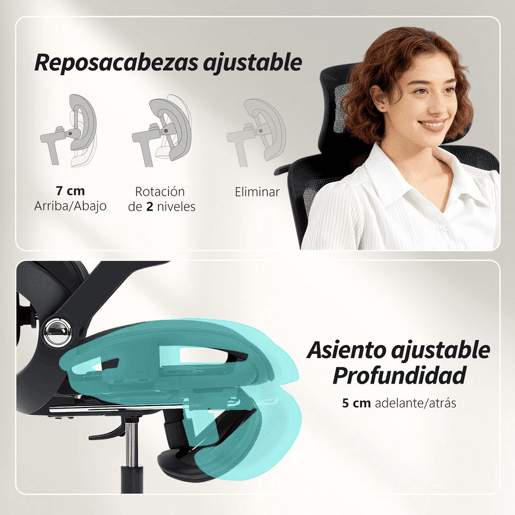 HOMCOM Cadeira de Secretária Ergonómica com Descanso para Pés Cadeira de Escritório Giratória com Encosto Reclinável e Alto Suporte Lombar Rede Transpirável Apoios de Braço 4D e Encosto de Cabeça Ajustável Rodas