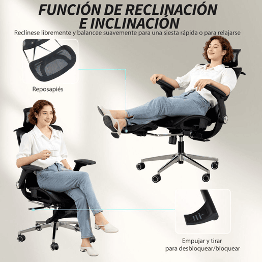 HOMCOM Cadeira de Secretária Ergonómica com Descanso para Pés Cadeira de Escritório Giratória com Encosto Reclinável e Alto Suporte Lombar Rede Transpirável Apoios de Braço 4D e Encosto de Cabeça Ajustável Rodas
