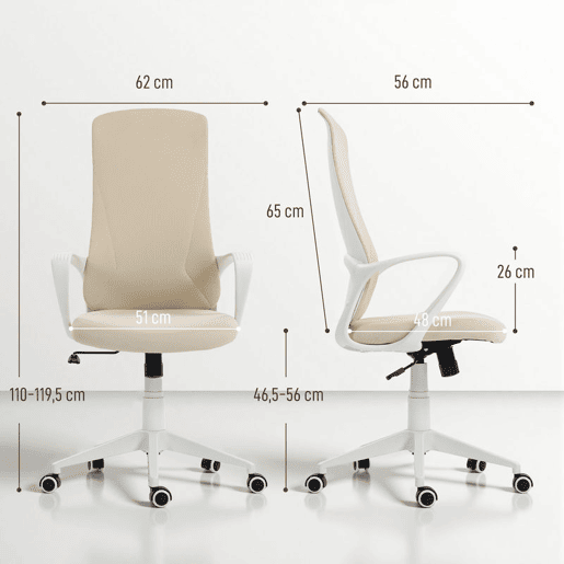 Vinsetto Cadeira de Escritório Giratória com Altura Ajustável Cadeira de Escritório Ergonómica com Apoio para os Braços Função de Inclinação e Encosto Alto 62x56x110-119,5 cm Bege