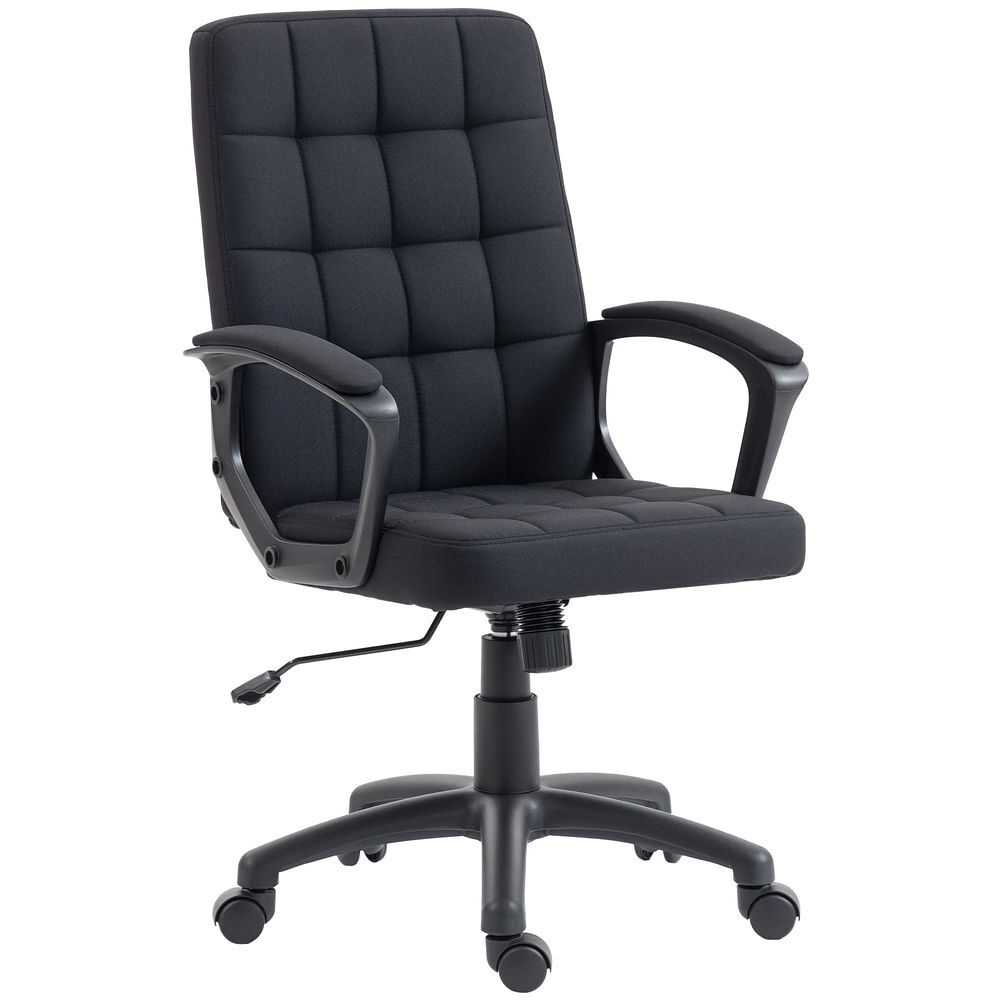 Vinsetto silla de oficina, silla de escritorio giratoria, tapizada en lino sintético, altura ajustable, basculante, respaldo medio, con reposabrazos, ruedas, negro