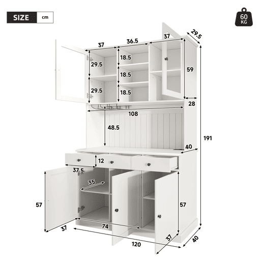 Armário de cozinha de mdf com 5 portas e 3 gavetas,branco