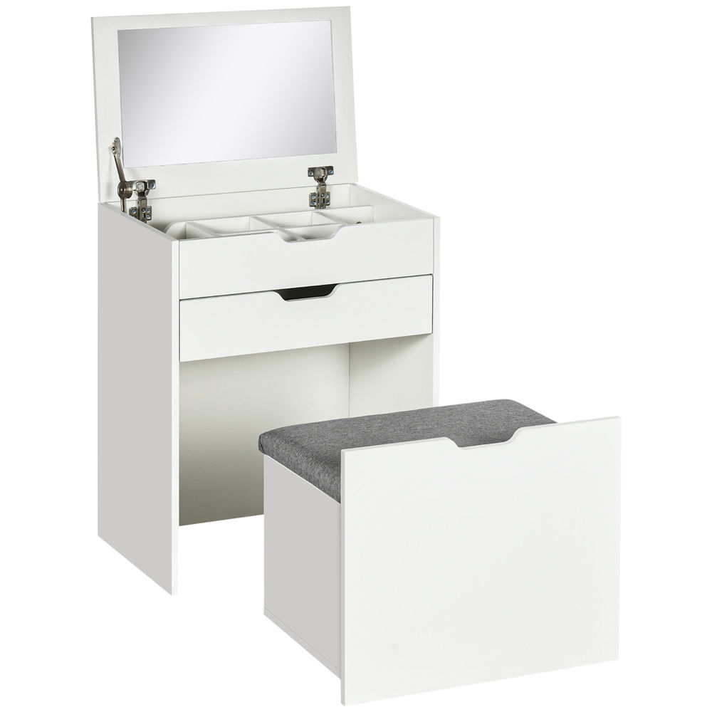 Homcom tocador de maquillaje con taburete oculto y espejo abatible, mesa de maquillaje con cajón y 7 compartimentos, taburete acolchado con almacenamiento, para espacios reducidos, vestidor, blanco