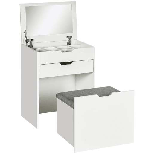 HOMCOM Toucador com Banco Oculto e Espelho Rebatível Mesa de Maquilhagem com Gaveta e 7 Compartimentos Banco Acolchoado com Armazenamento para Espaços Reduzidos Vestuário Branco HOMCOM Toucador com Banco Oculto e Espelho Rebatível Mesa de Maquilhagem com Gaveta e 7 Compartimentos Banco Acolchoado com Armazenamento para Espaços Reduzidos Vestuário Branco