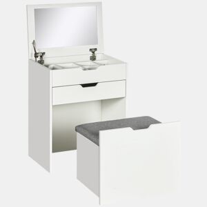 HOMCOM Toucador com Banco Oculto e Espelho Rebatível Mesa de Maquilhagem com Gaveta e 7 Compartimentos Banco Acolchoado com Armazenamento para Espaços Reduzidos Vestuário Branco