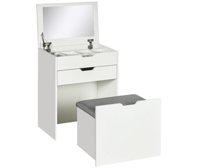 Homcom tocador de maquillaje con taburete oculto y espejo abatible, mesa de maquillaje con cajón y 7 compartimentos, taburete acolchado con almacenamiento, para espacios reducidos, vestidor, blanco