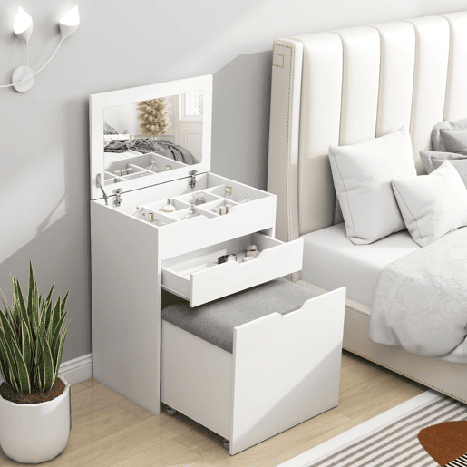 HOMCOM Toucador com Banco Oculto e Espelho Rebatível Mesa de Maquilhagem com Gaveta e 7 Compartimentos Banco Acolchoado com Armazenamento para Espaços Reduzidos Vestuário Branco HOMCOM Toucador com Banco Oculto e Espelho Rebatível Mesa de Maquilhagem com Gaveta e 7 Compartimentos Banco Acolchoado com Armazenamento para Espaços Reduzidos Vestuário Branco