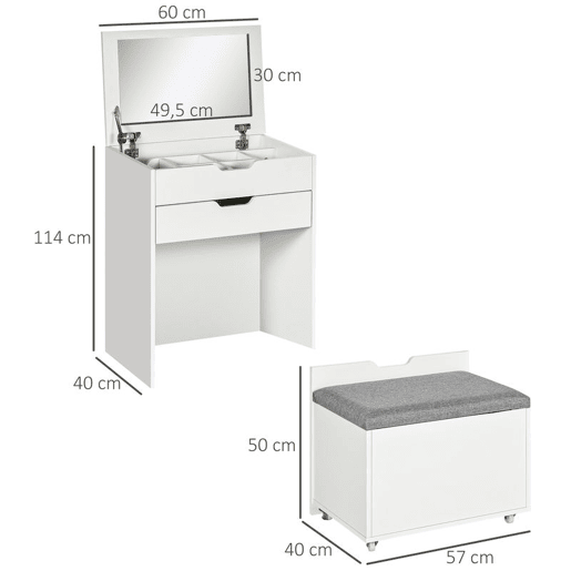 HOMCOM Toucador com Banco Oculto e Espelho Rebatível Mesa de Maquilhagem com Gaveta e 7 Compartimentos Banco Acolchoado com Armazenamento para Espaços Reduzidos Vestuário Branco HOMCOM Toucador com Banco Oculto e Espelho Rebatível Mesa de Maquilhagem com Gaveta e 7 Compartimentos Banco Acolchoado com Armazenamento para Espaços Reduzidos Vestuário Branco