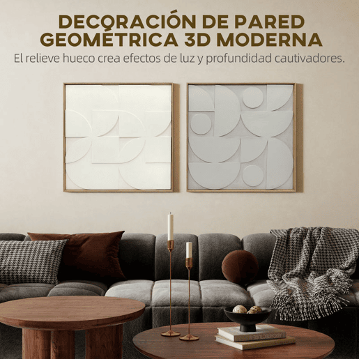HOMCOM Decoração de Parede em Madeira 3D Conjunto de 2 Peças de Parede 80 cm com Padrões Geométricos Decoração Moderna para Sala Quarto Corredor Branco