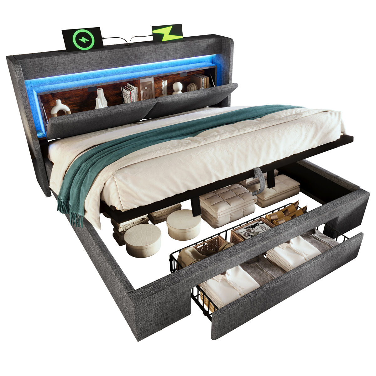 Cama de matrimonio de lino 151x219 Gris