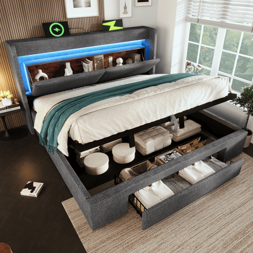 Cama de casal de linho 140x200 cm com armazenamento e luz led,cinza