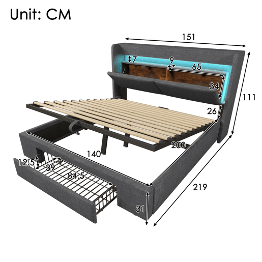 Cama de casal de linho 140x200 cm com armazenamento e luz led,cinza