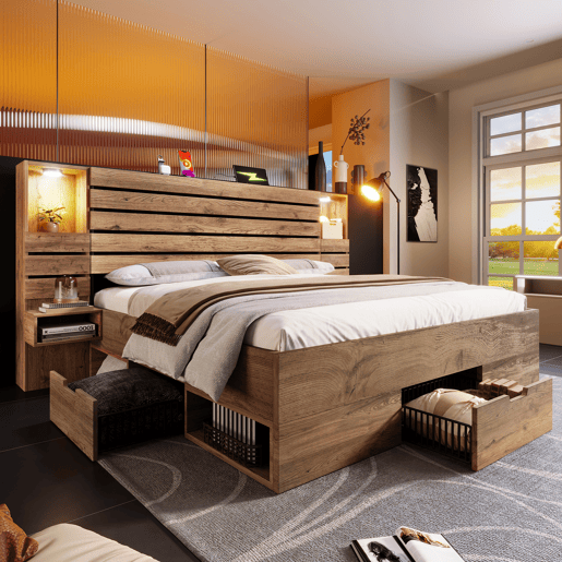 Cama de casal de madeira maciça 180x200 cm com luz led,carvalho