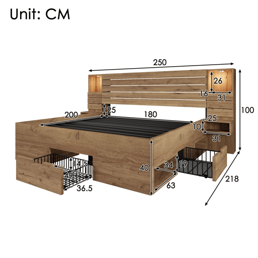 Cama de casal de madeira maciça 180x200 cm com luz led,carvalho