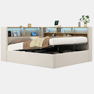 Cama de casal de veludo 140x190 cm com armazenamento e luz led,bege