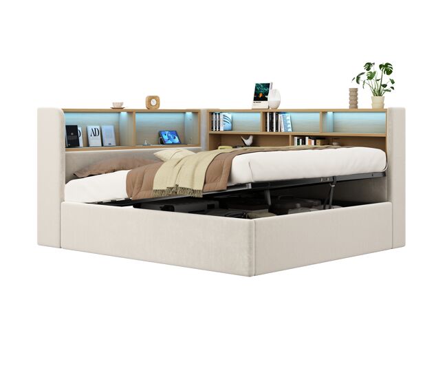 Cama de matrimonio de terciopelo 140x190 cm con almacenaje y luz led,beige