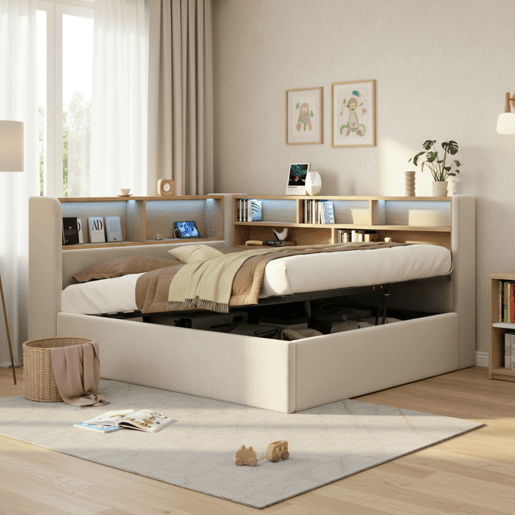 Cama de casal de veludo 140x190 cm com armazenamento e luz led,bege