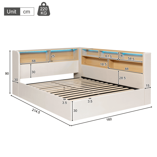Cama de casal de veludo 140x190 cm com armazenamento e luz led,bege