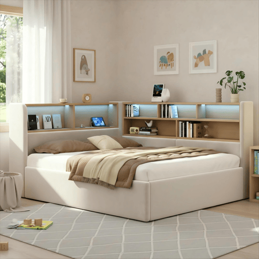 Cama de casal de veludo 140x190 cm com armazenamento e luz led,bege