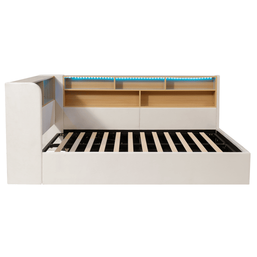 Cama de casal de veludo 140x190 cm com armazenamento e luz led,bege