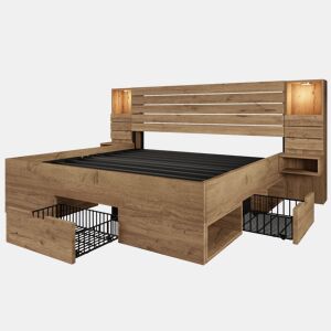 Cama de casal de madeira maciça 160x200 cm com luz led,carvalho