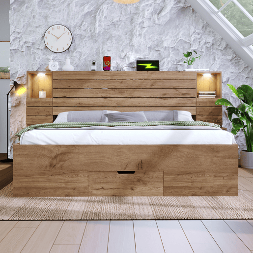 Cama de casal de madeira maciça 160x200 cm com luz led,carvalho