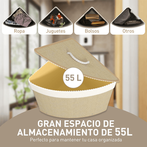 HOMCOM Cesto para Roupa Suja de Bambu de 55L com Tampa e Asa Cesto de Roupa Suja com Saco Extraível e Lavável para Casa de Banho Quarto, 35x35x60 cm Creme