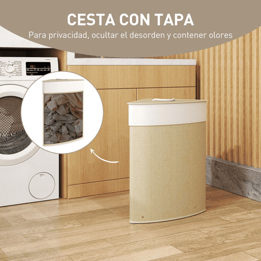 HOMCOM Cesto para Roupa Suja de Bambu de 55L com Tampa e Asa Cesto de Roupa Suja com Saco Extraível e Lavável para Casa de Banho Quarto, 35x35x60 cm Creme