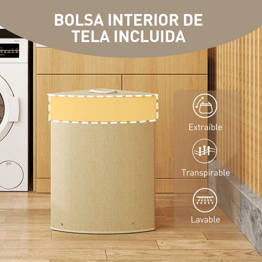 HOMCOM Cesto para Roupa Suja de Bambu de 55L com Tampa e Asa Cesto de Roupa Suja com Saco Extraível e Lavável para Casa de Banho Quarto, 35x35x60 cm Creme