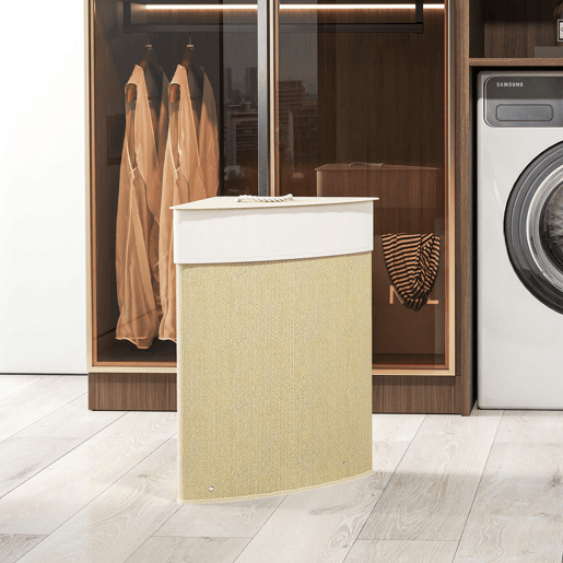 HOMCOM Cesto para Roupa Suja de Bambu de 55L com Tampa e Asa Cesto de Roupa Suja com Saco Extraível e Lavável para Casa de Banho Quarto, 35x35x60 cm Creme