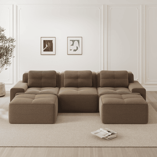 Sofá modular U 3 lugares - Veludo cotelê, montagem livre, com otomano - Castanho