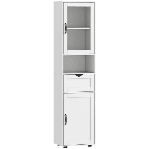 HOMCOM Coluna Casa de Banho Móvel Auxiliar com Porta de Vidro Prateleiras Ajustáveis Gaveta e Prateleira Aberta Coluna Estreita para Espaços Pequenos 40x30x165 cm Branco