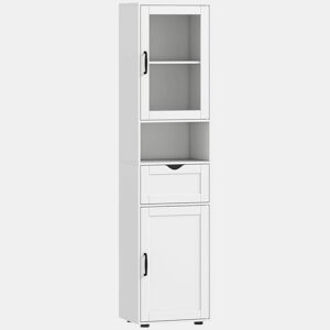 HOMCOM Coluna Casa de Banho Móvel Auxiliar com Porta de Vidro Prateleiras Ajustáveis Gaveta e Prateleira Aberta Coluna Estreita para Espaços Pequenos 40x30x165 cm Branco