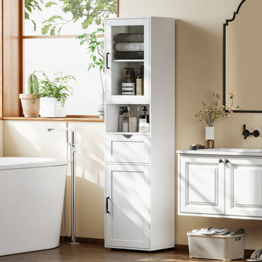 HOMCOM Coluna Casa de Banho Móvel Auxiliar com Porta de Vidro Prateleiras Ajustáveis Gaveta e Prateleira Aberta Coluna Estreita para Espaços Pequenos 40x30x165 cm Branco