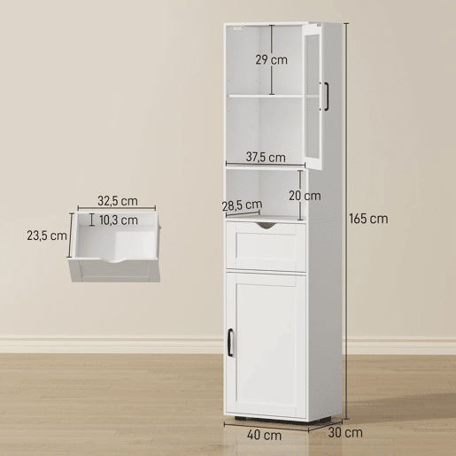 HOMCOM Coluna Casa de Banho Móvel Auxiliar com Porta de Vidro Prateleiras Ajustáveis Gaveta e Prateleira Aberta Coluna Estreita para Espaços Pequenos 40x30x165 cm Branco