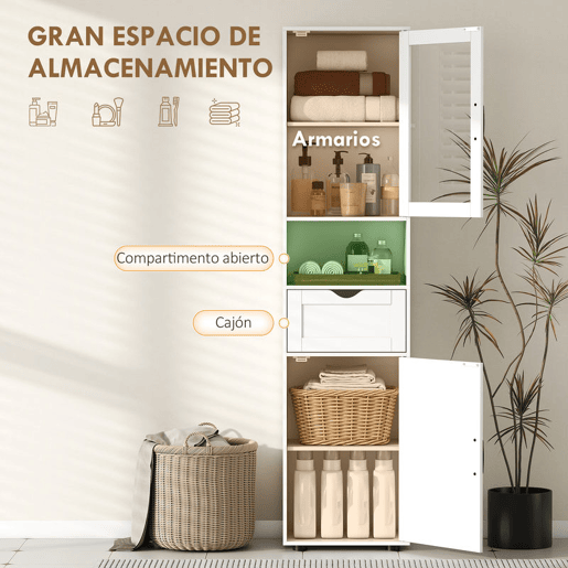 HOMCOM Coluna Casa de Banho Móvel Auxiliar com Porta de Vidro Prateleiras Ajustáveis Gaveta e Prateleira Aberta Coluna Estreita para Espaços Pequenos 40x30x165 cm Branco