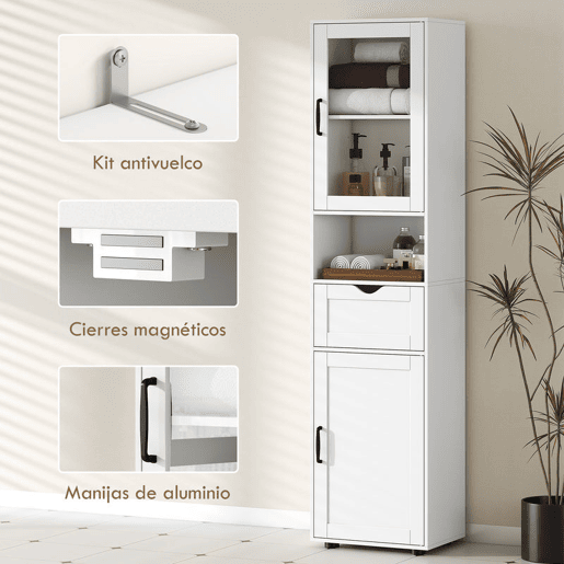 HOMCOM Coluna Casa de Banho Móvel Auxiliar com Porta de Vidro Prateleiras Ajustáveis Gaveta e Prateleira Aberta Coluna Estreita para Espaços Pequenos 40x30x165 cm Branco