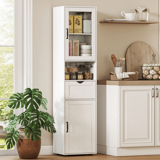 HOMCOM Coluna Casa de Banho Móvel Auxiliar com Porta de Vidro Prateleiras Ajustáveis Gaveta e Prateleira Aberta Coluna Estreita para Espaços Pequenos 40x30x165 cm Branco