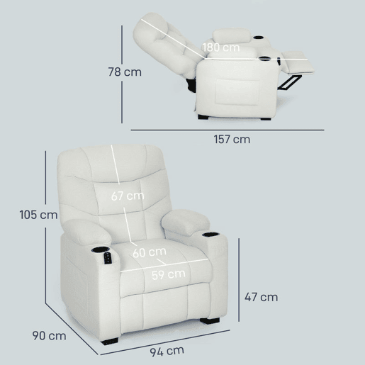HOMCOM Poltrona Relax Reclinável Elétrica Poltrona Reclinável Silenciosa com Função Memória Apoio para Pés Controlo Remoto Bolsos Laterais Porta-Copos e Porta USB para Quarto Sala Creme